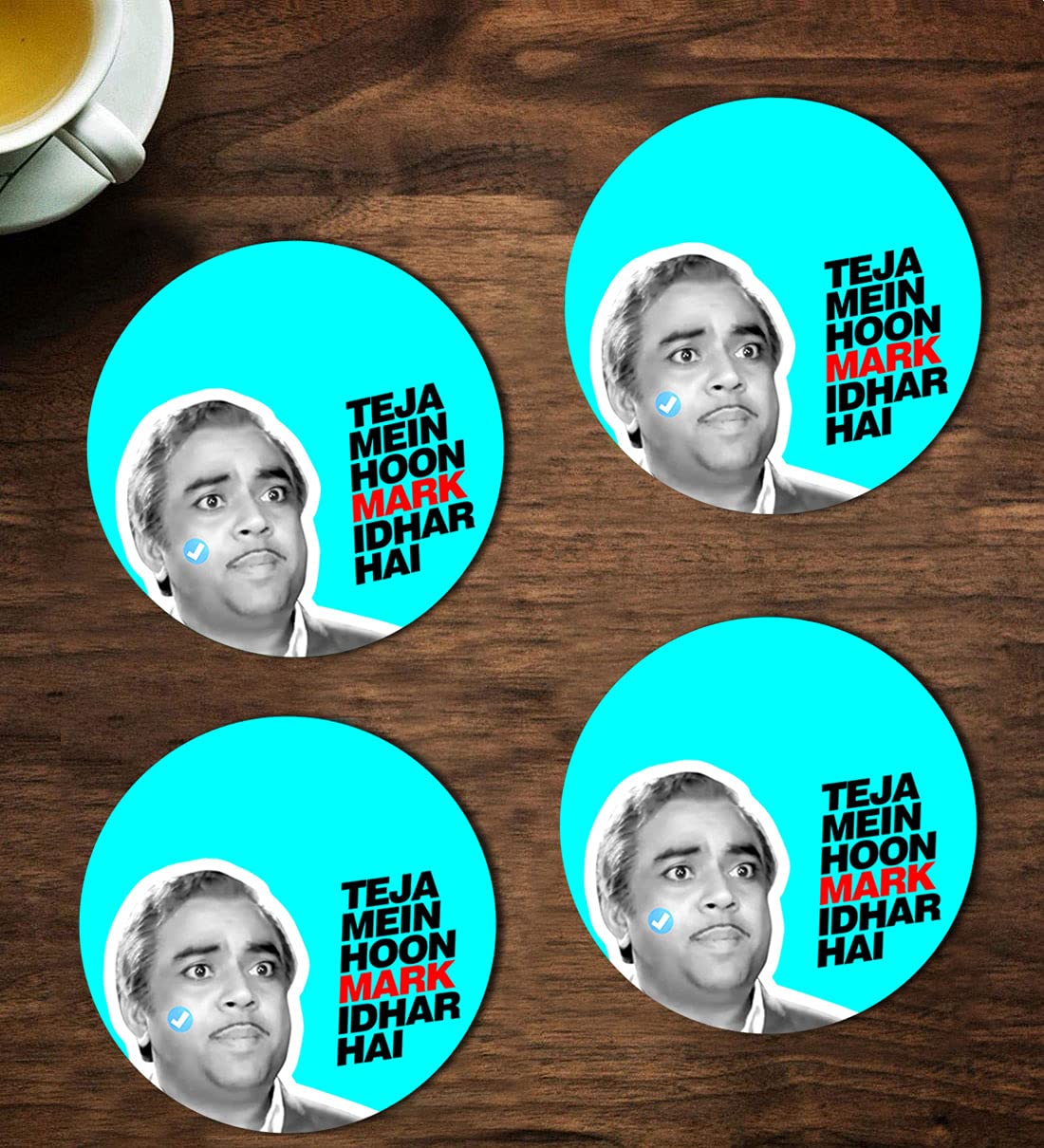 ASHVAH Teja Mein Hoon Mark idhar hai Print/Typography Tea/Coffee Mug/Designer Handmade Wooden Coaster Set for Home Kitchen, Office Desk - Set of 4 - Round: 10cm