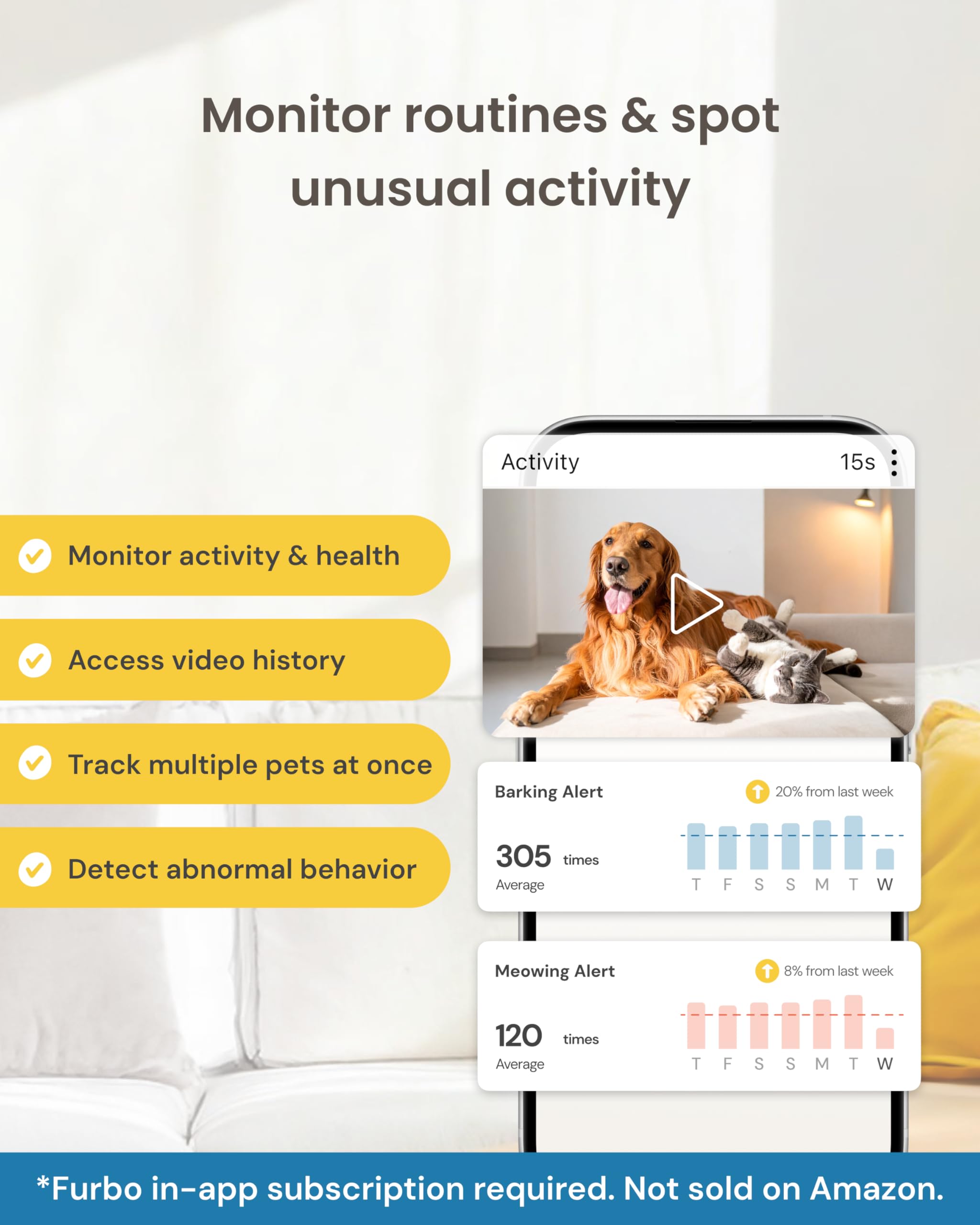 Furbo [New Mini 360° Camera + Mini Cam [New Subscription Required at Setup] (2-Camera Bundle Nanny Pro Subscription): Pet Safety Alerts, Dog & Cat Cameras with Speaker, Phone App & Night Vision