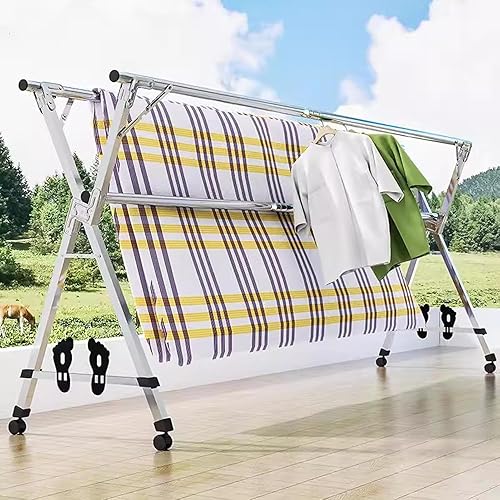 Miniatura 4 de Estante de secado de ropa de acero inoxidable, estante portátil de lavandería de 94 pulgadas con ruedas, estante interior ajustable que ahorra