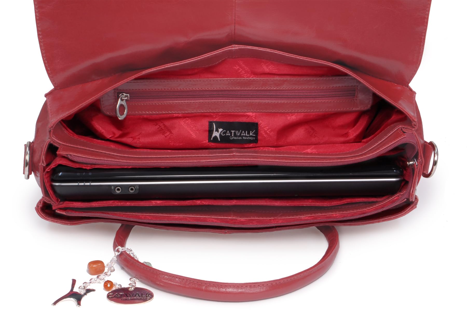 Catwalk Collection Handbags - Bolso Ordenador Portatil Mujer Piel - Bolso Bandolera Grande de Trabajo - Maletín con Funda Acolchada - Helena - Rojo