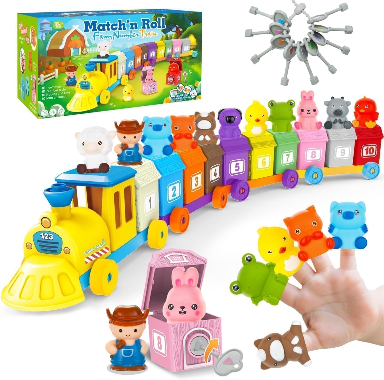 BOLZRA Farm Animals Train Toy for Toddlers 1 2 3 4 5 Years Old, Counting, Matching, Sorting Montessori Learning Toy with 11 Finger Puppets, Keys, Barns, Educational Christmas Birthday Gift for Kids