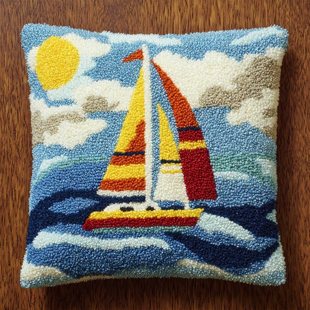 Taxpy DIY Latch Hook Kits, Sailboats at sea Needlework Pillow Cover 43x43cm DIY Hooks Knitted Embroidered Carpet Pillow Embroidery Latch Hook Carpet Kit