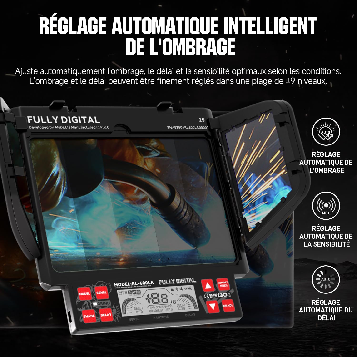 ANDELI Casque de Soudage Auto-Assombrissant | 2 LED Gestuelles & Triple-View 3 Verres Auto-Assombrissants | 7 Capteurs | True Color 1/1/1/1 | Batterie 1500 mAh USB-C | TIG/MAG/MMA & Meulage