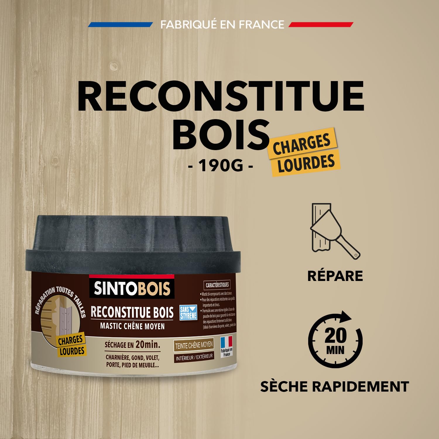 SINTO Mastic reconstitue bois charges lourdes chêne moyen 170ml | Résistant aux chocs et poids importants, sec en 20 min, répare charnières gonds volets et portes, intérieur et extérieur