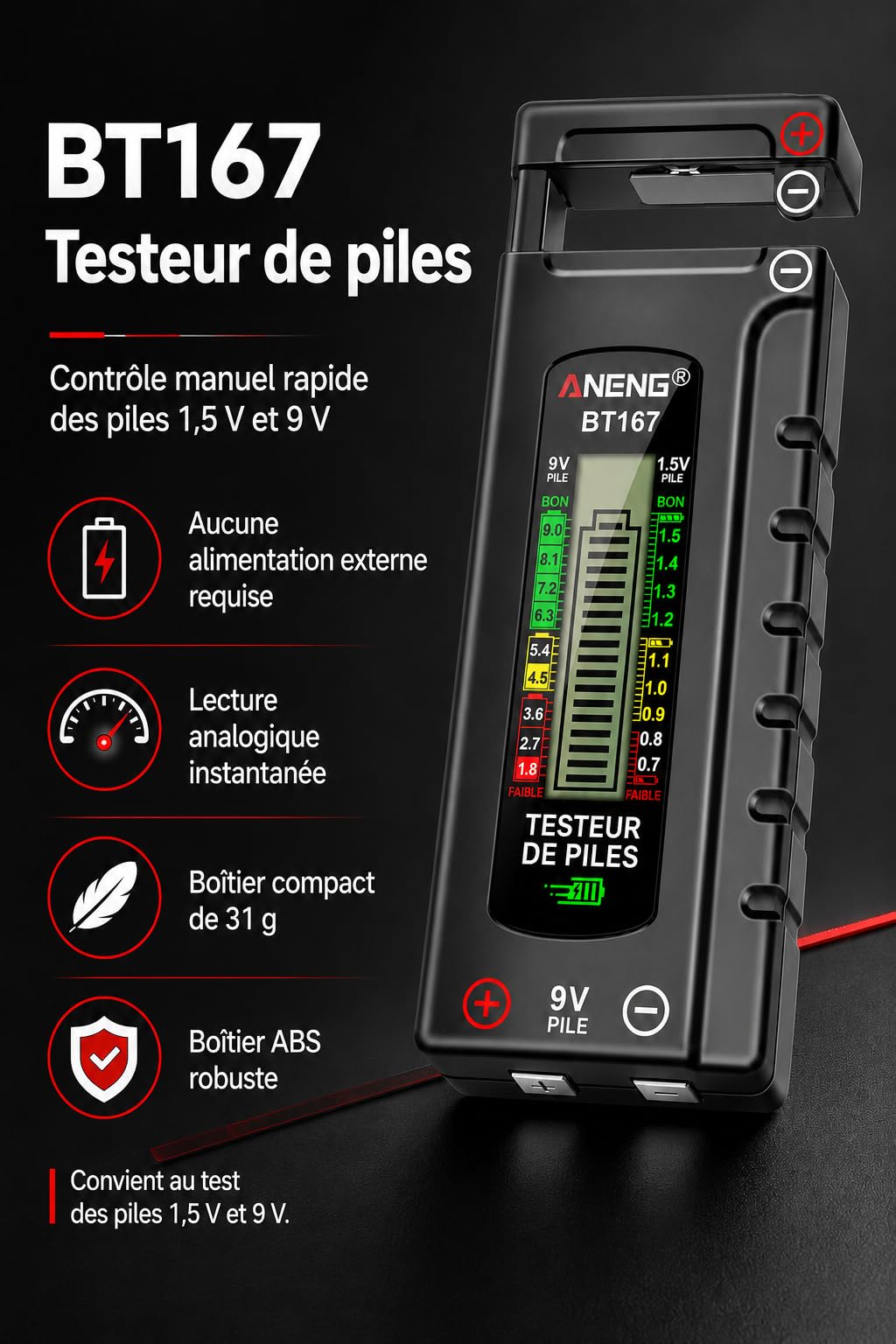 VOBOR Testeur de Piles Numérique Universel, Écran LCD, Battery Tester pour Piles AA AAA C D 9V 1,5V Pile Bouton
