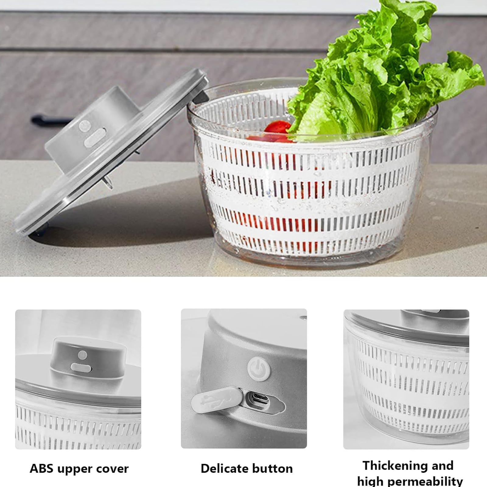Essoreuse à Salade Automatique sans Fil USB 4000 ML Déshydrateur Automatique pour Fruits et légumes, saladier pour Servir, assèchement Rapide, ustensile de Cuisine dans Une Couleur Tendance