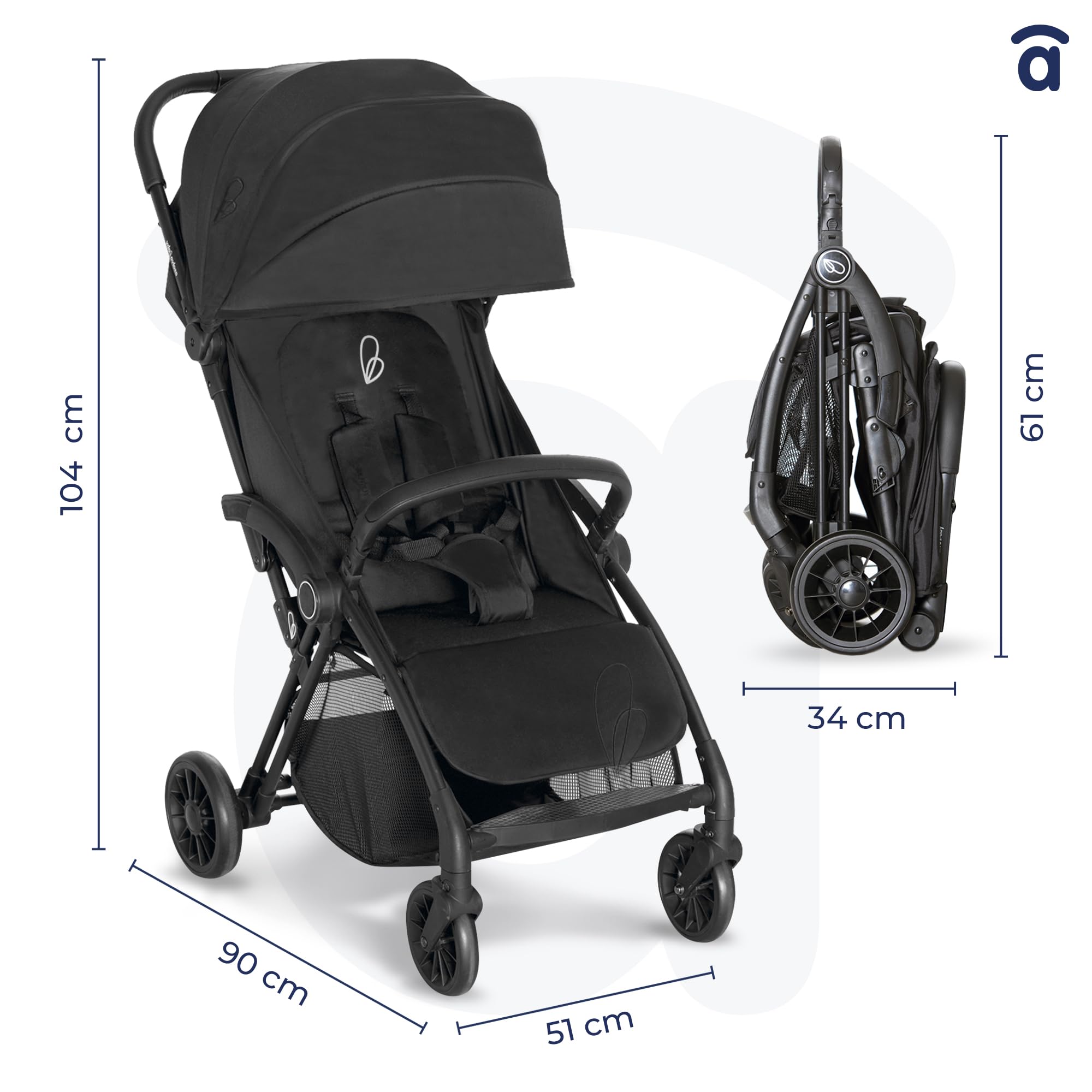 Silla de Paseo Ultraligera y Compacta para Bebé hasta 24 kg, Reclinable, Capota con Ventana, Freno Trasero, Arnés de Seguridad, Plegado Fácil y Rápido – PLIS PLAS Chasis Negro ASALVO