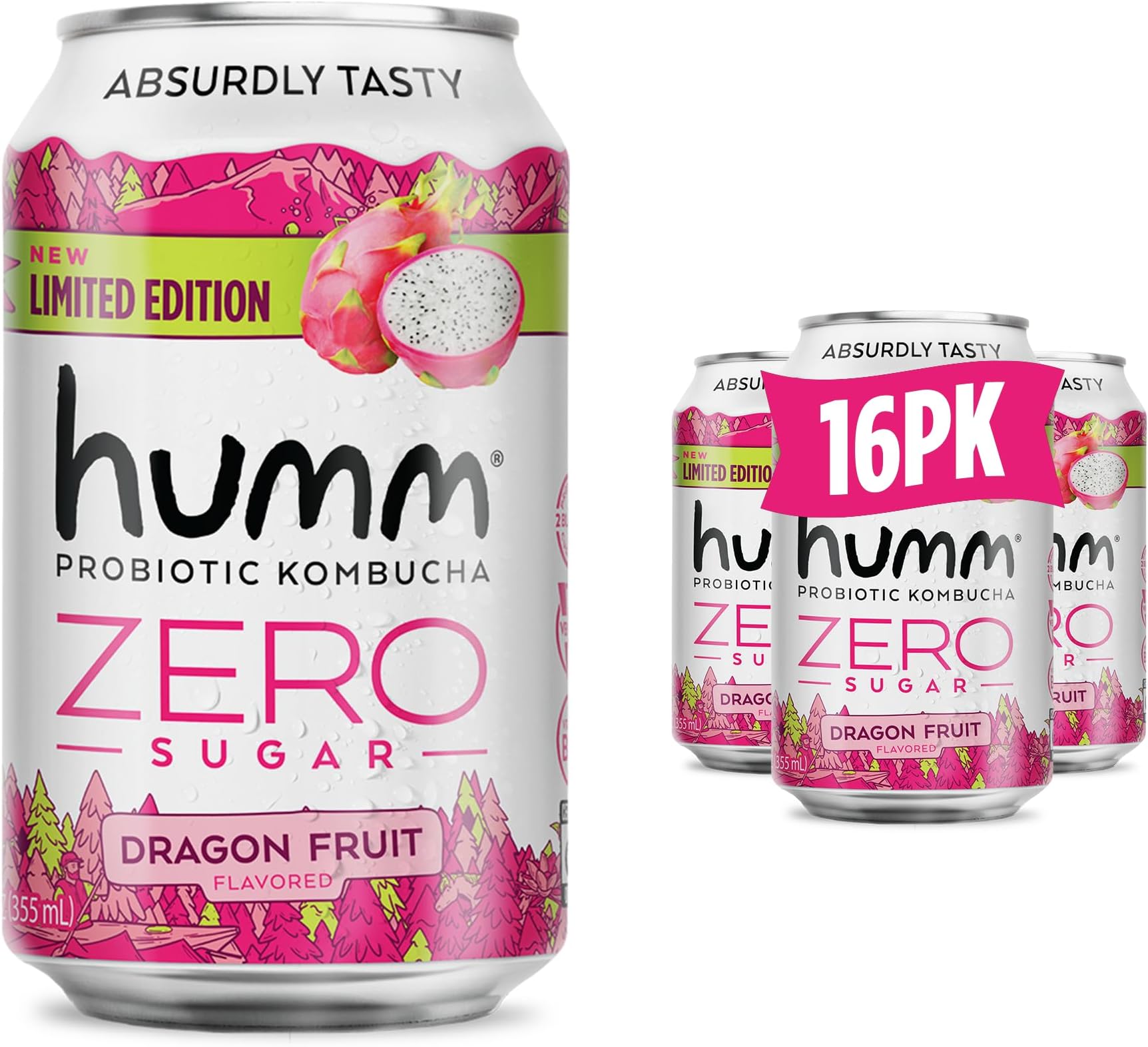 Humm Probiotic Kombucha Zero Sugar Dragon Fruit, No Refrigeration Needed, Keto Friendly, Organic, Vegan, Gluten Free, 12oz Cans (16 Pack)