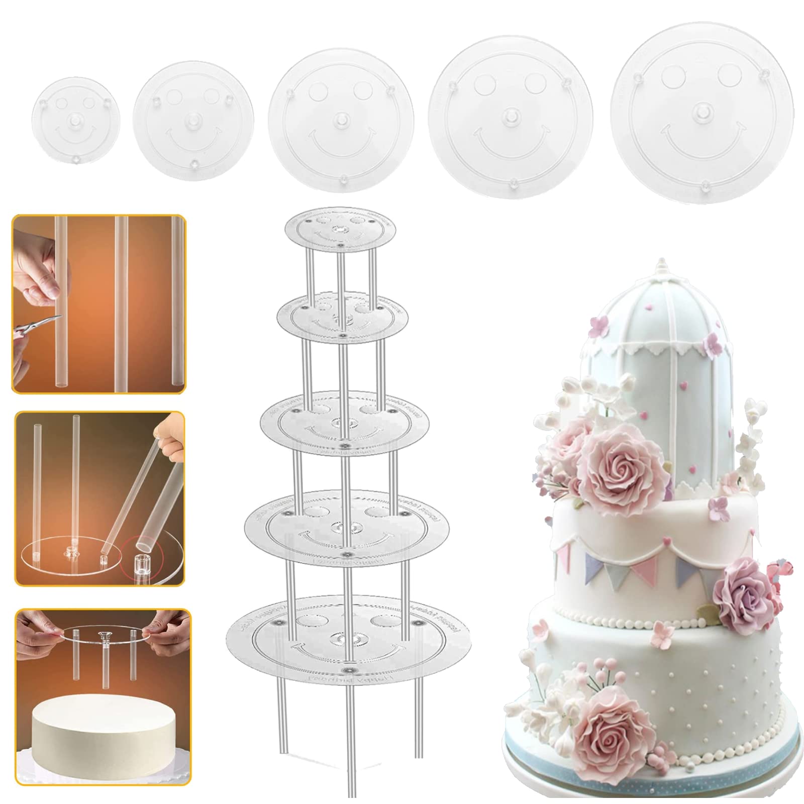 Support Pour Gâteaux à étages - Lot De 2 Avec 30 Chevilles Et 10 Bases (9 à 26 Cm) - Transparent - Pour Mariage, Anniversaire