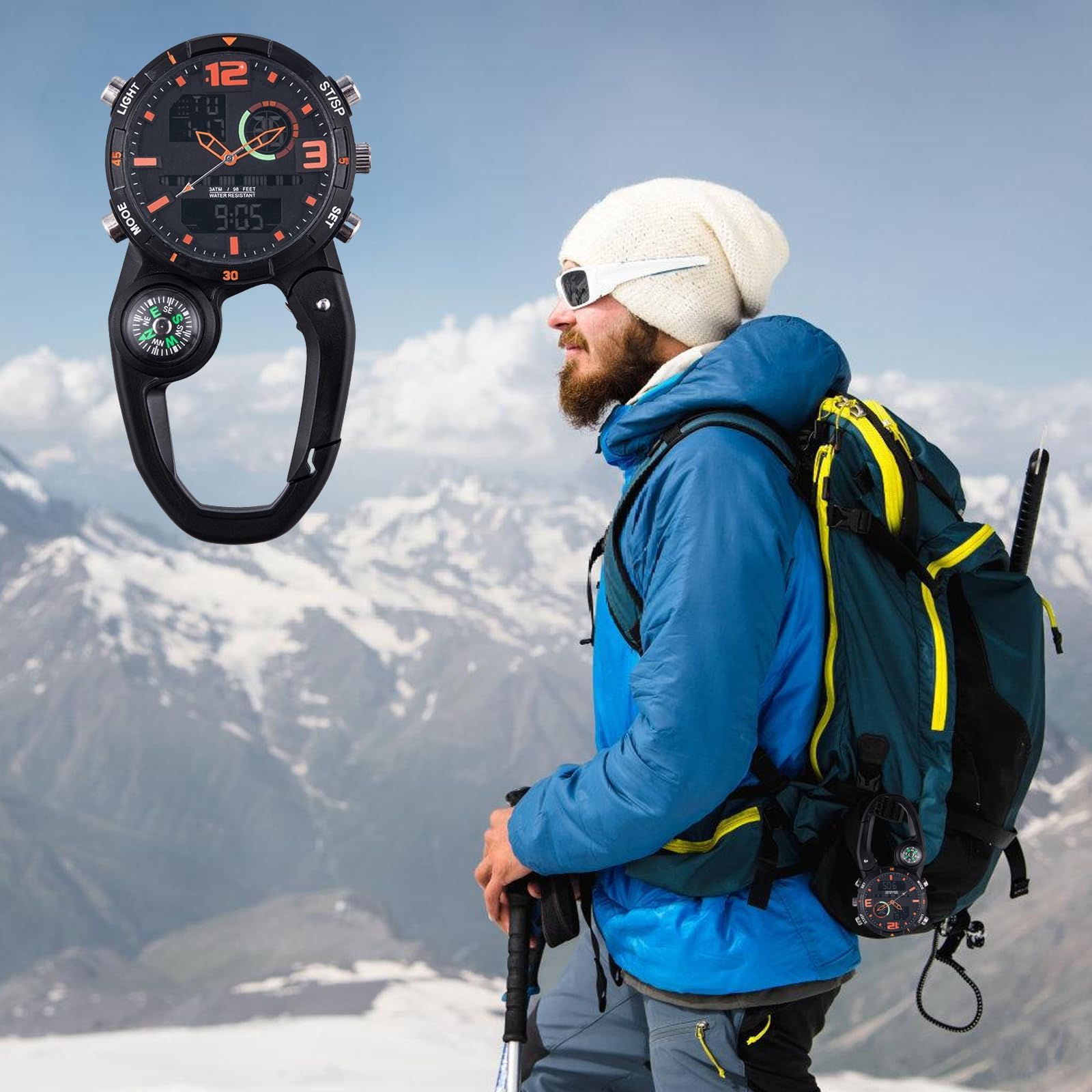 GOMETY Taschenuhr mit Karabiner Schwesternuhr, Clip Karabineruhr mit Leuchtendes, Kalender, Woche, Wecker, Kompass, Digital Uhr Analog Quarzuhr Multifunktionale für Camping Bergsteigen