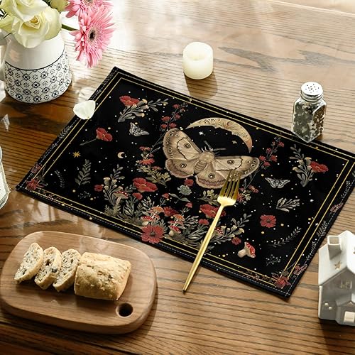 Miniatura 4 de Artoid Mode Juego de 4 manteles individuales de luna y polilla de amapola negra, 12 x 18 pulgadas, manteles individuales florales de primavera para