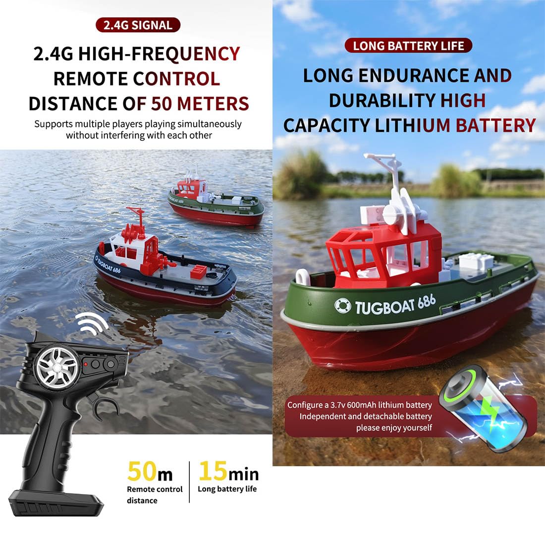 Łódź zdalnie sterowana, 1:72, 2,4 GHz, 8 km/h, wodoodporna elektryczna holowniczka RC dla dorosłych, odległość 50 m RC, ładowanie kabla USB, odpowiednia do basenów/jezior / nad morzem
