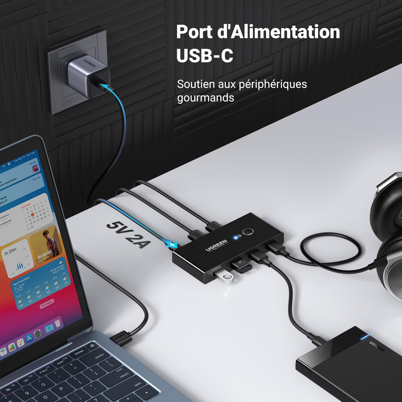 UGREEN Switch USB 3.0 Commutateur KVM Ports pour 2 PC Entrées 4 Sorties pour Clavier Souris Disque Dur Externe Imprimante Scanner Câbles Inclus