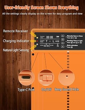 Automatic Chicken Coop Door Solar Powered, LCD Display, Durable Aluminum Alloy Chicken Door with Timer & Light Sensor Setting, Remote Control, Weatherproof, Energy-Saving, Solar Panel or USB Charging