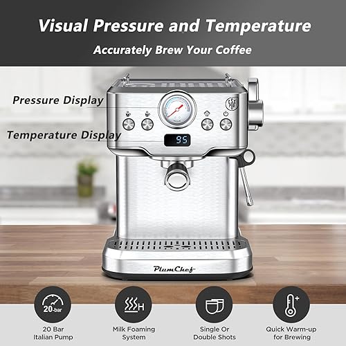 Miniatura 5 de PlumChef - Máquina de café espresso de 20 bares profesional compacta para el hogar con espumador de leche, varita de vapor, medidor de presión de 60