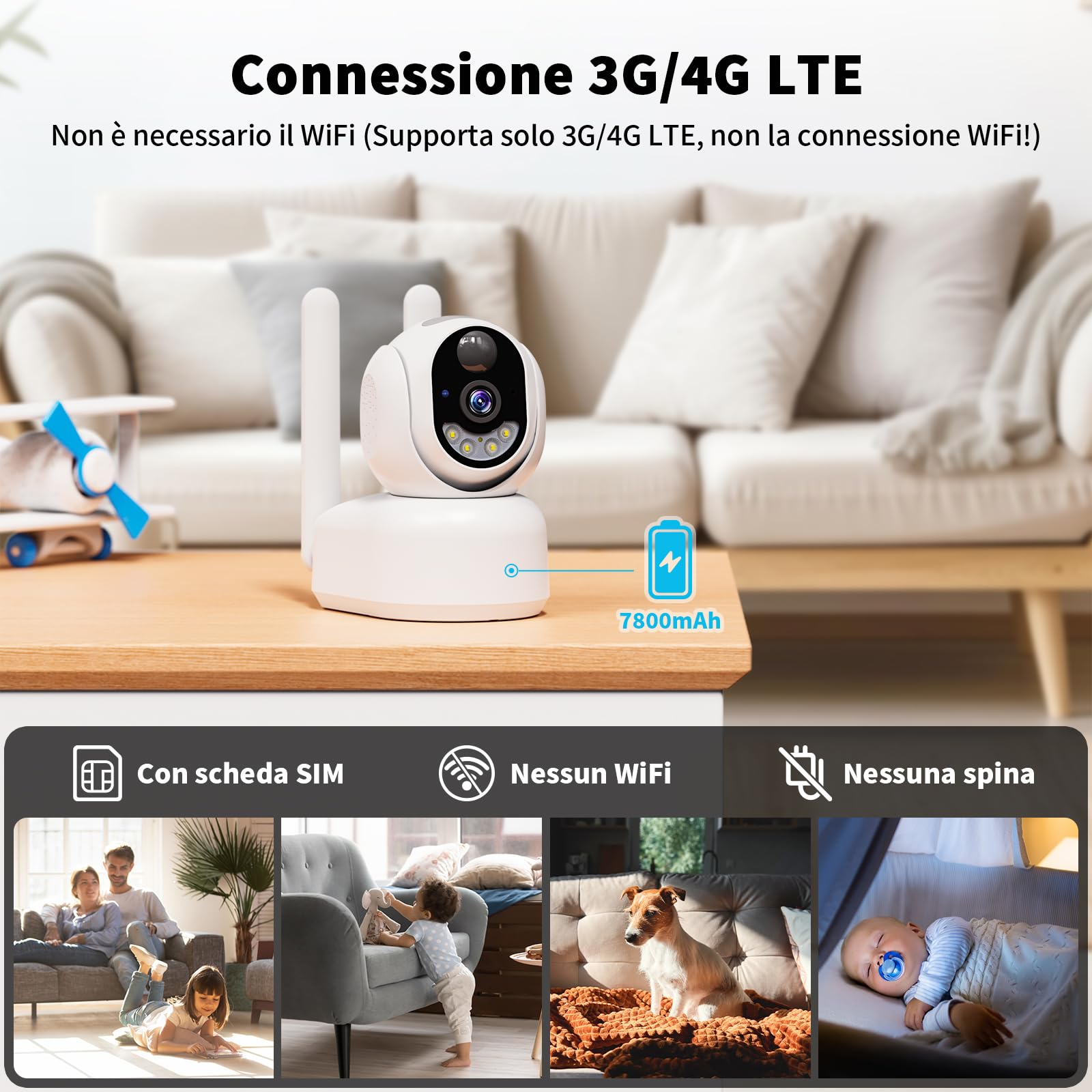 4G LTE Telecamera Interno con SIM, 2K Videocamera Sorveglianza Senza Fili Indoor, 360° PTZ Telecamera Senza WiFi con Visione Notturna a Colori, PIR Rilevamento, Audio 2 Vie, IP66