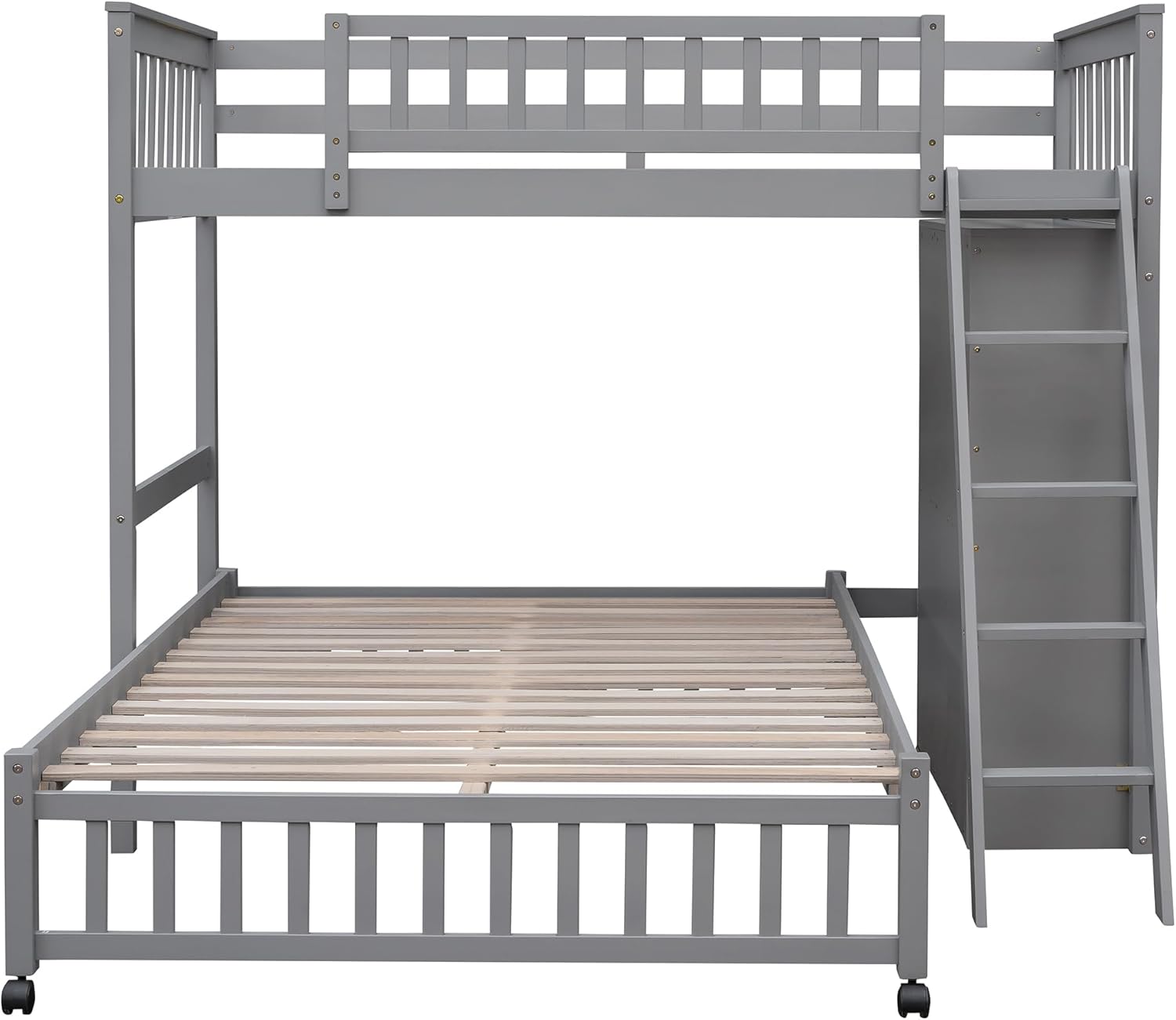 P PURLOVE Twin Over Full Bunk Bed with 6 Storage Drawers, Adjustable Shelf and Ladder, Bunk Bed Frame with Wooden Slat Support and Removable Bottom Bed, No Box Spring Needed (Gray)