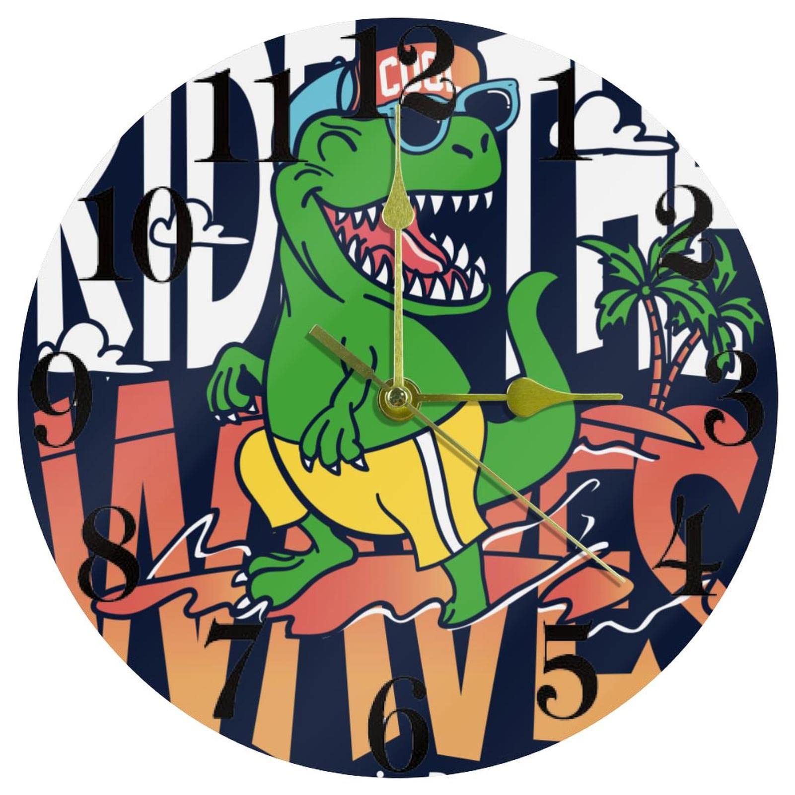 Horloge murale dinosaure ronde et silencieuse à quartz pour chambre enfant