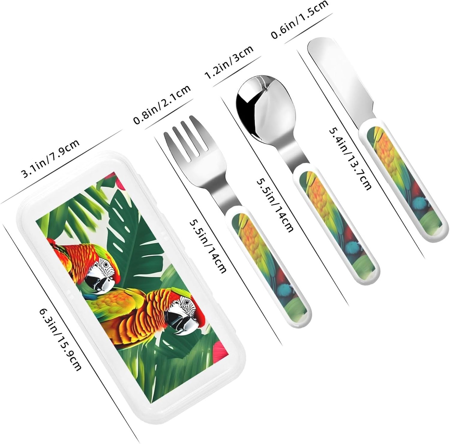 Tropical Flower Leaf Parrot Print Stainless Knife Spoon Fork 3-Piece Set,Flatware Cutlery Set With Storage Case