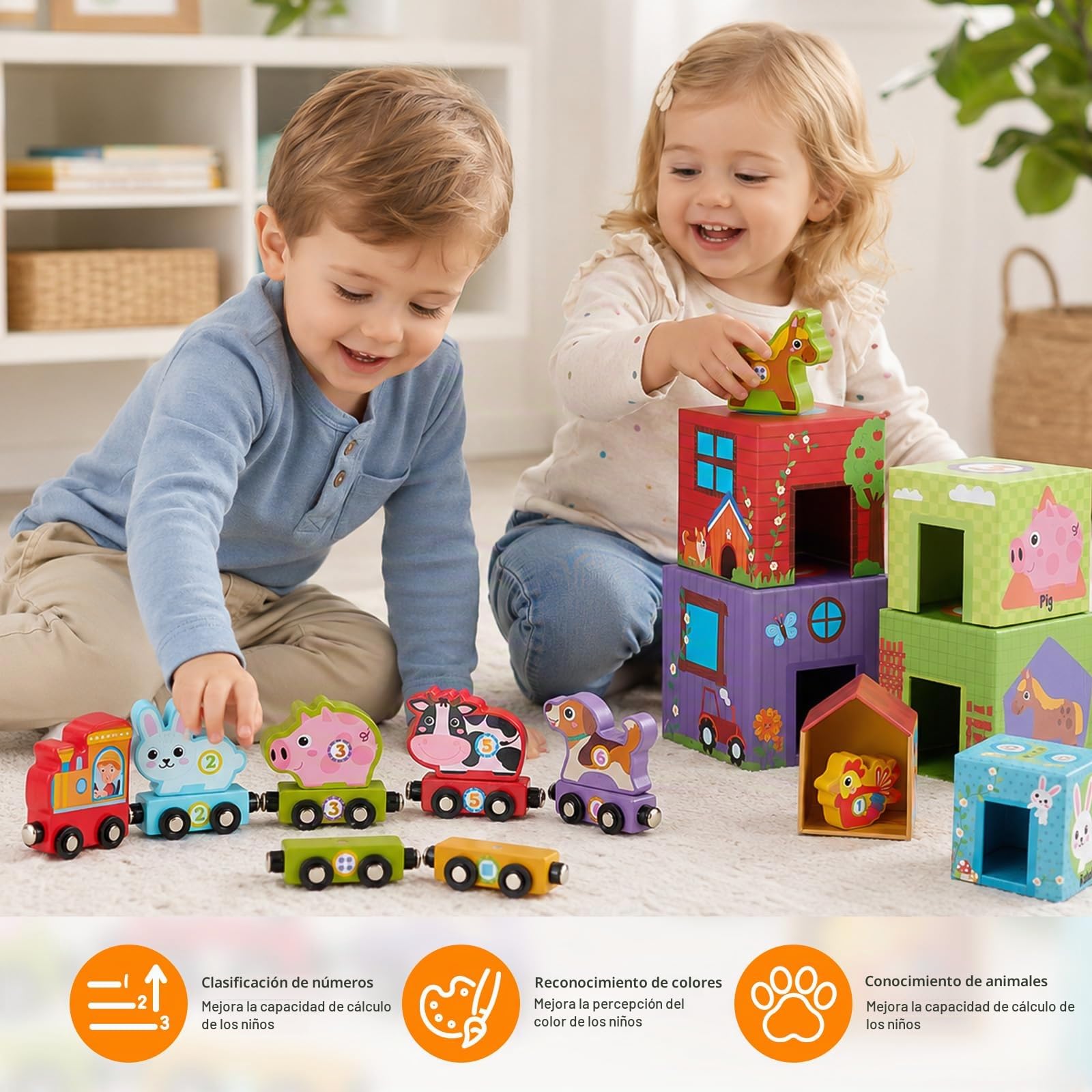 Atoylink Granja Cubos Apilables Bebe, Juguetes Montessori con 6 Cubos Apilables & 6 Animales Granja & 6 Tren Juguete de Madera, Juegos Educativos Aprender a Contar, Regalo para Niñas Niños 3 4 5 Años