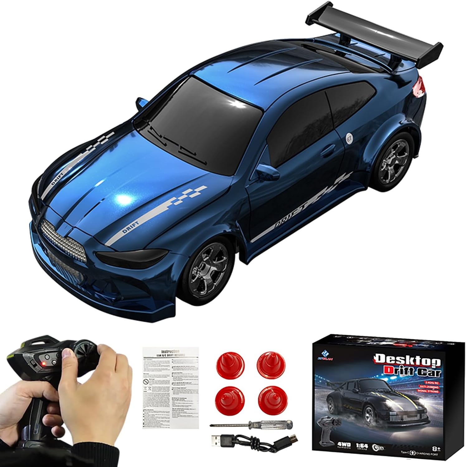 RC Cars 1/64 Scale, 4WD Remote Control Drift Car with LED Lights and Electronic Locator, Mini Desktop Racing Toy Gift (KF20 Blue)