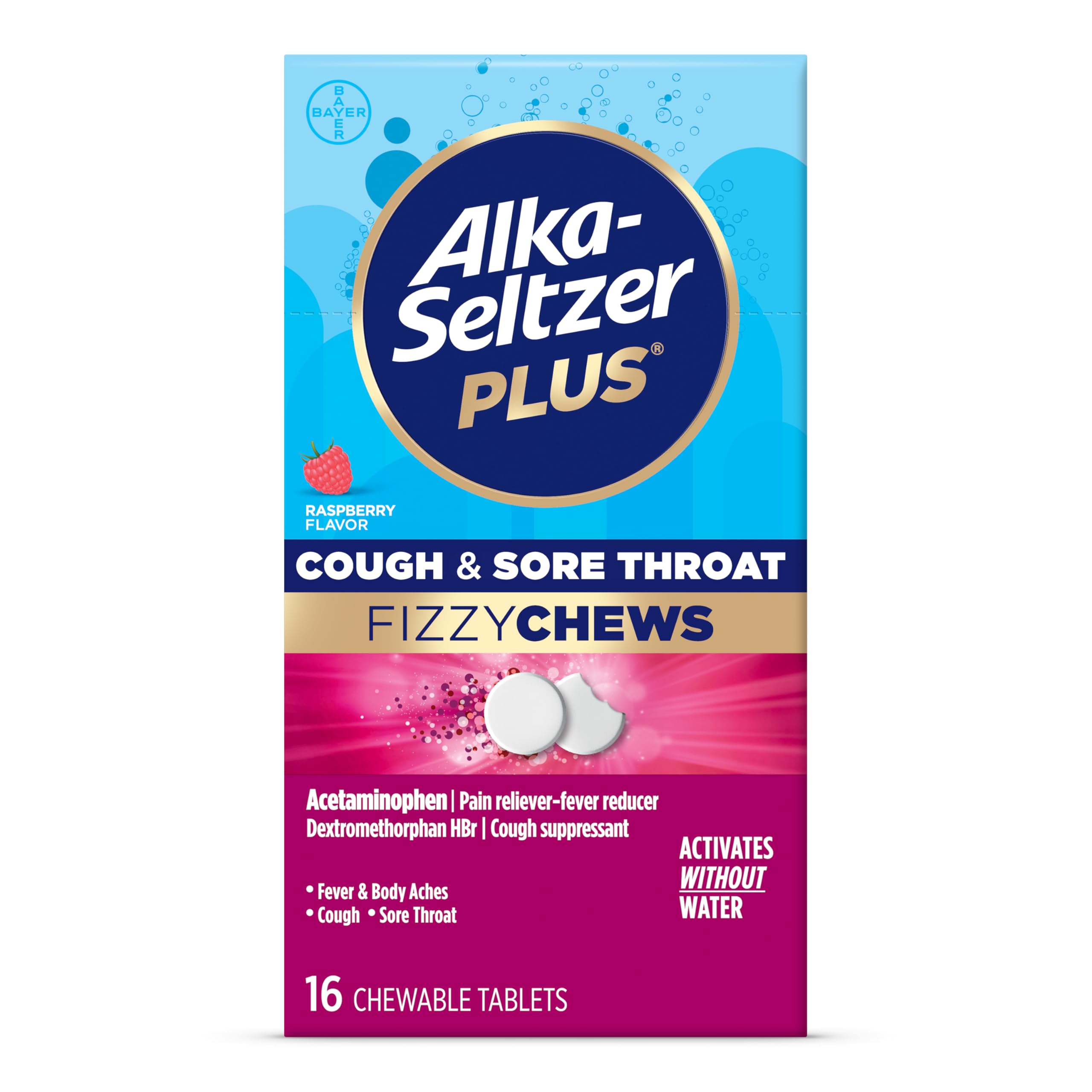 alka-seltzer plus cough & sore throat fizzy chews, no water needed, on the go sore throat relief for adults, raspberry flavor, 16 count