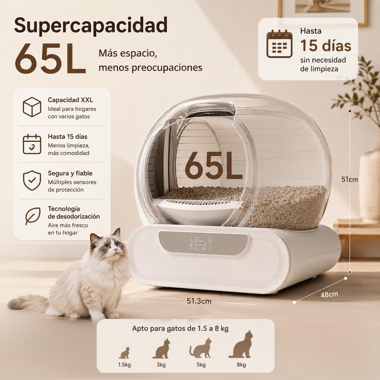 Arenero Autolimpiable XXL para Gatos, Caja Arena Automática 74L con Control por Aplicación, Sistema Seguridad Avanzado, Eliminación Olores, Incluye Alfombra y 5 Rollos Bolsas
