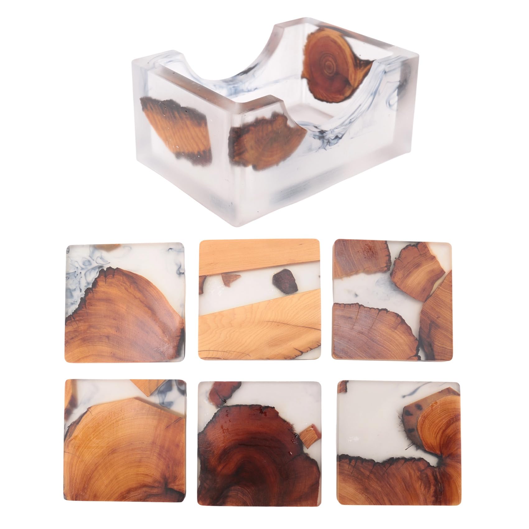 MOLERRI Wood Coasters Set with Epoxy Resin - Modern Coasters with Holder for Drinks, Includes 6 Coasters and Holder