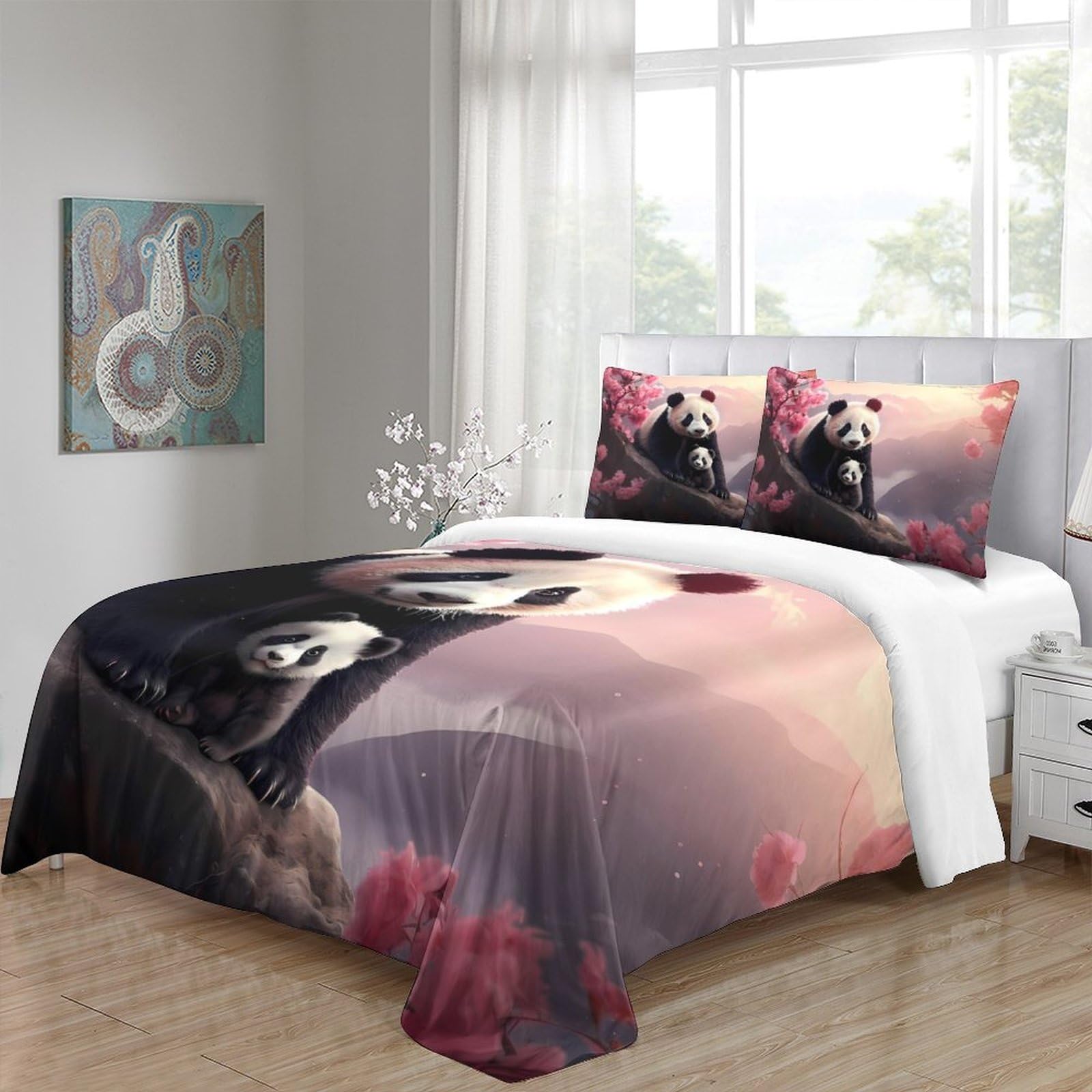 Panda-Pärchen Bettbezug 3 Teilig Mikrofaser Reißverschluss Hautfreundlich Bettdeckenbezug 3D Gedruckt Weich Kuschelig mit Kissenbezug Schlafkomfort for Teen Jungen & Fans King（220x240cm）