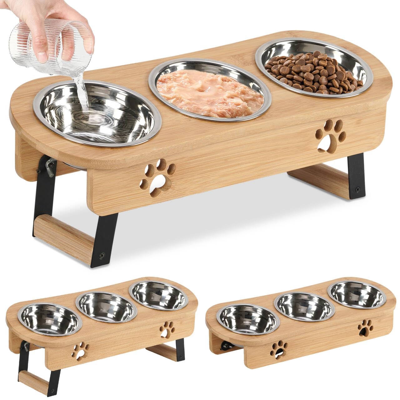 Optyuwah katzennapf erhöht Futterstation Katze - Futternäpfe Katzen 3er Set Näpfe Erhöht,Höhenverstellbar Fressnapf Futterbar mit Ständer Edelstahl Näpfe für Wasser Futter Katzen,kleine Hunde