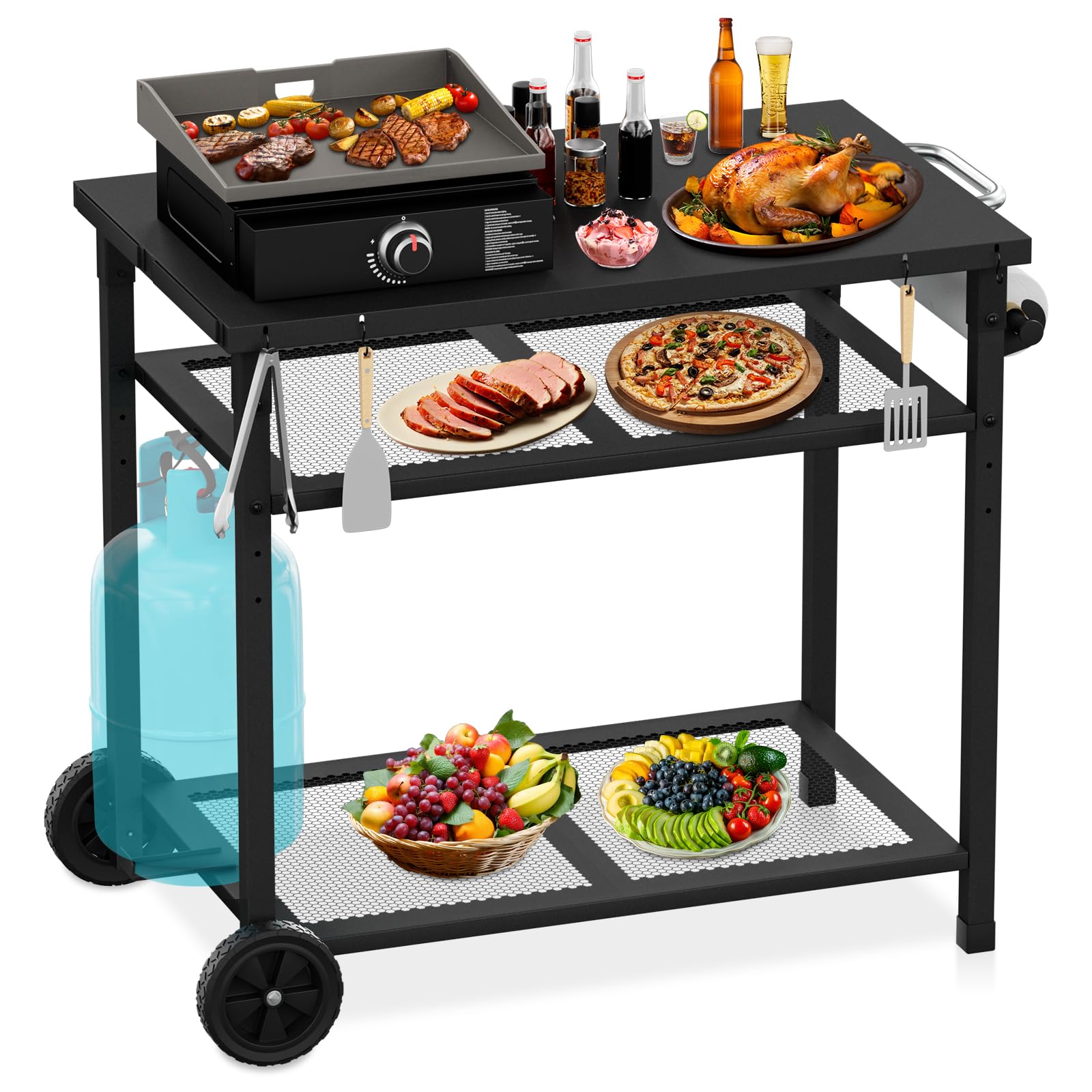 Carro de barbacoa al aire libre - Mesa portátil para horno de pizza con ruedas, mesa de comedor para exteriores con dos estantes de malla para fiestas en casa, camping, exteriores