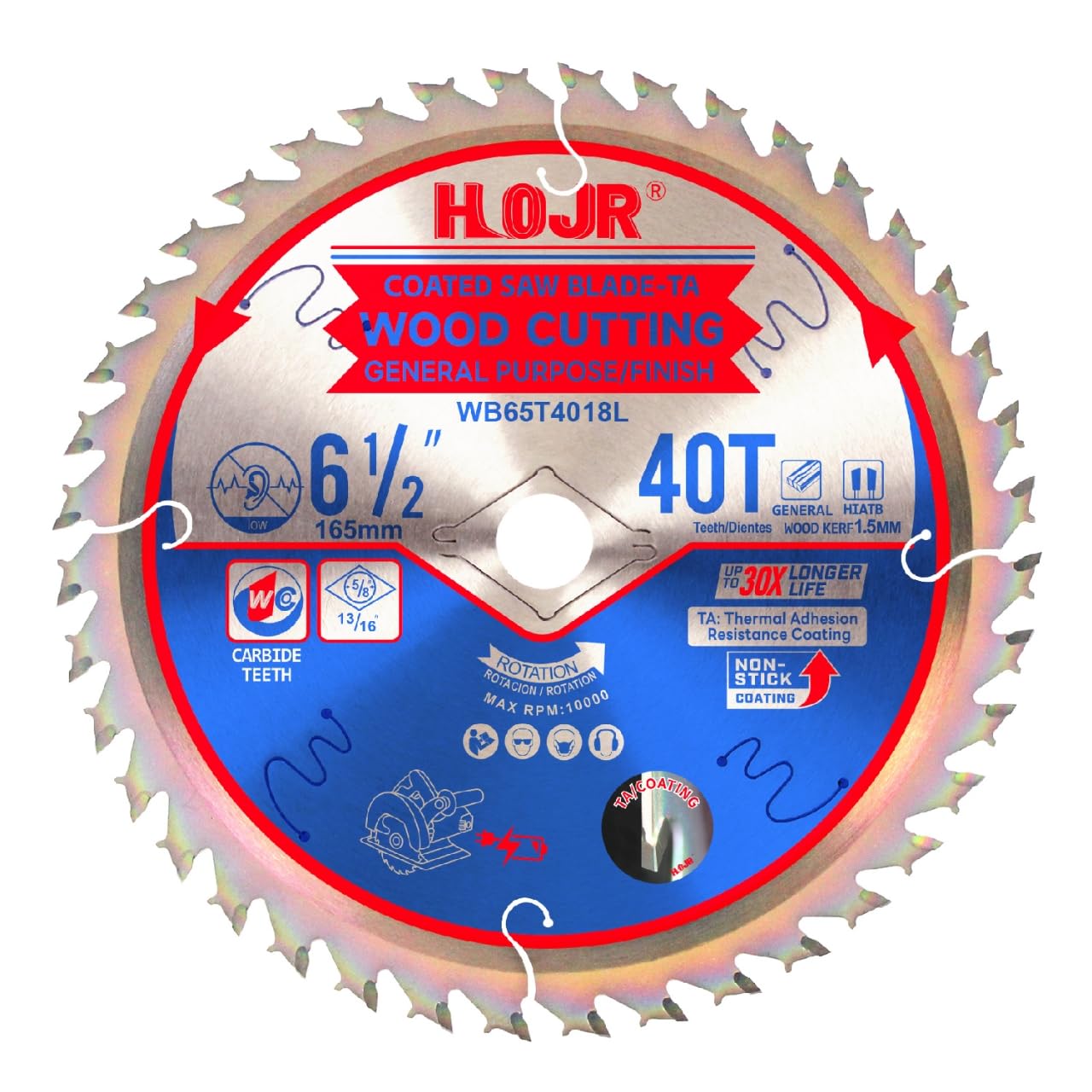 HOJR Circular Saw Blade Woodworking TA Series, 6-1/2" 40-Tooth, Arbor 5/8" with Diamond Knock-Out, Fine Finish Wood Cutting,Special Anti-Thermal
