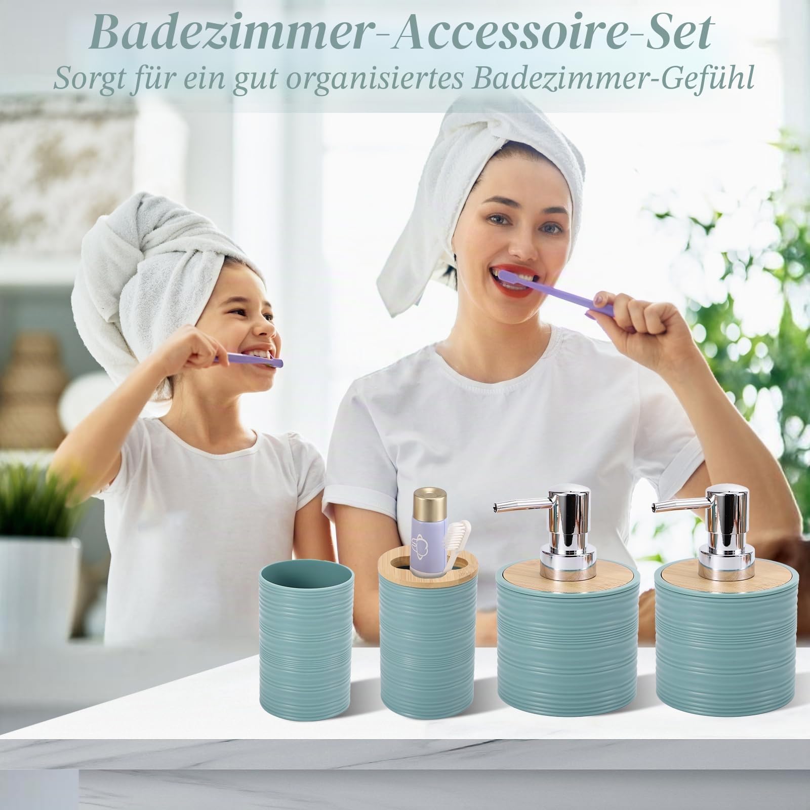 XLHOMO Blaues Badezimmer-Set, hellblaues Badezimmer-Zubehör-Set mit Mülleimer, 2 Seifenspender, Seifenschale, Zahnbürstenhalter, Zahnbürstenbecher, WC-Bürste, Tablett und Qtip-Halter für