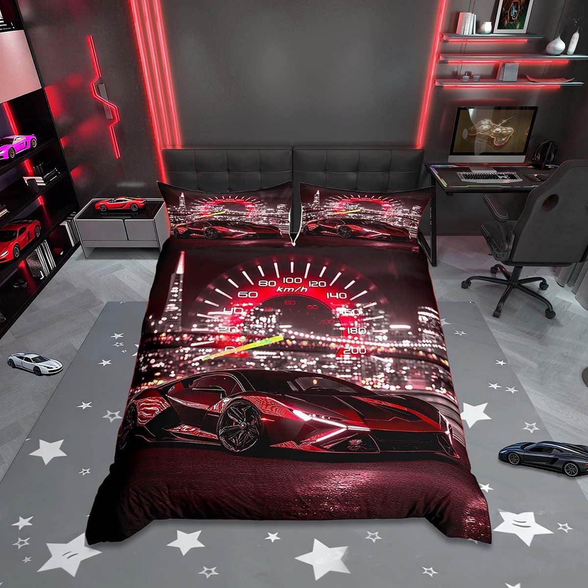 Homemissing Kids Red Race Car Duvet Cover Set Single Size, Speed Sports Car Bedding Set Boys Girls Extreme Sports Duvet Cover with 1 Pillowcase Boys Girls Racing Bed Sets — image 1