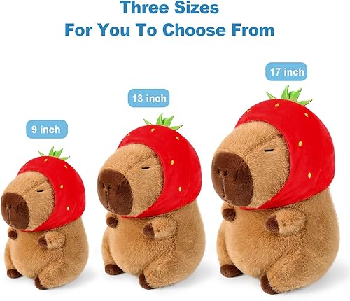 Miniatura 3 de Ditucu Lindo Peluche de Capibara que Lleva Gorro de Fresa Suave Animal de Peluche Relleno Juguetes Regalos de Abrazo para Niños Marrón 9 pulgadas