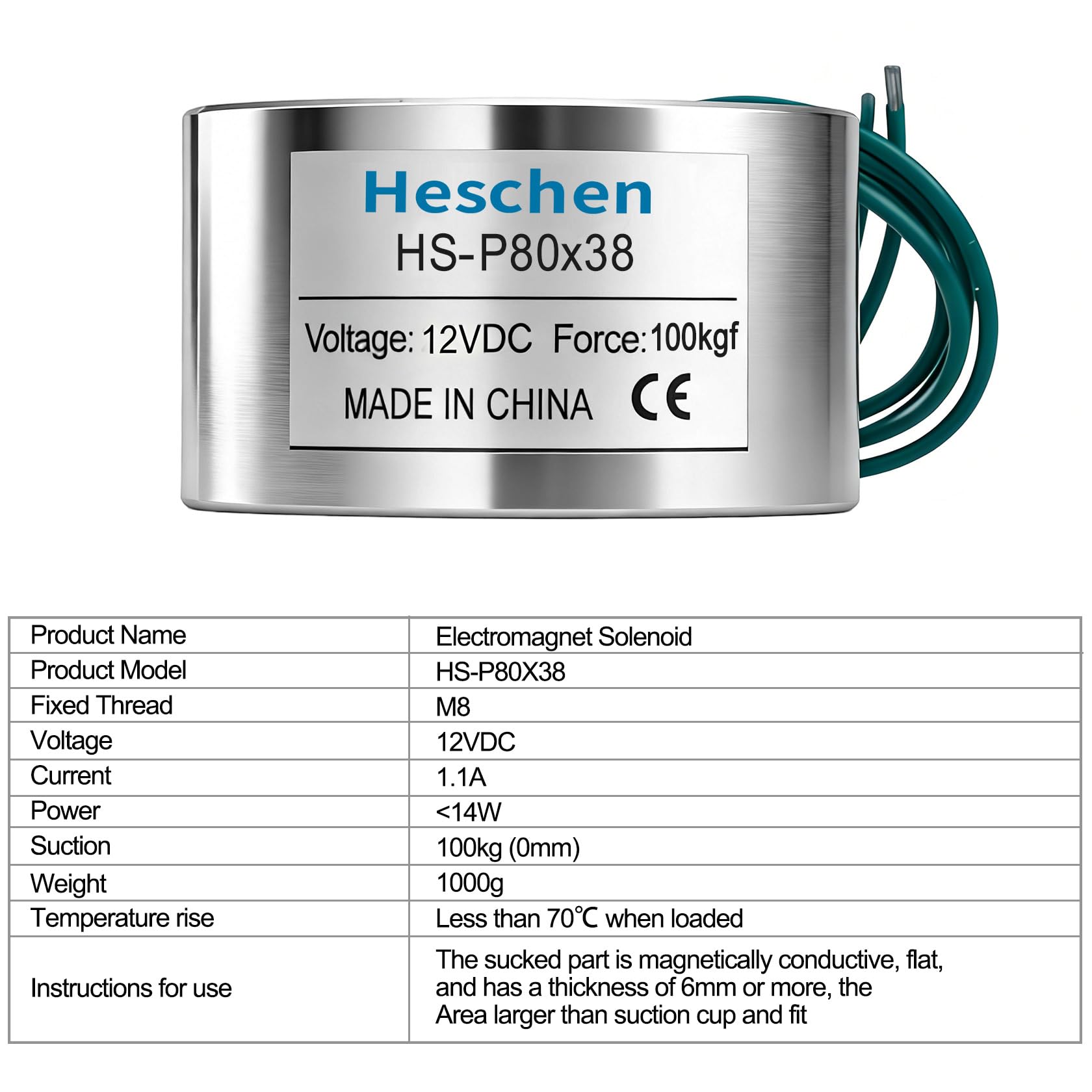 Heschen Electroimán Imán Solenoide, HS-80/38, OD 80mm, DC 12V, 100Kg/220lb