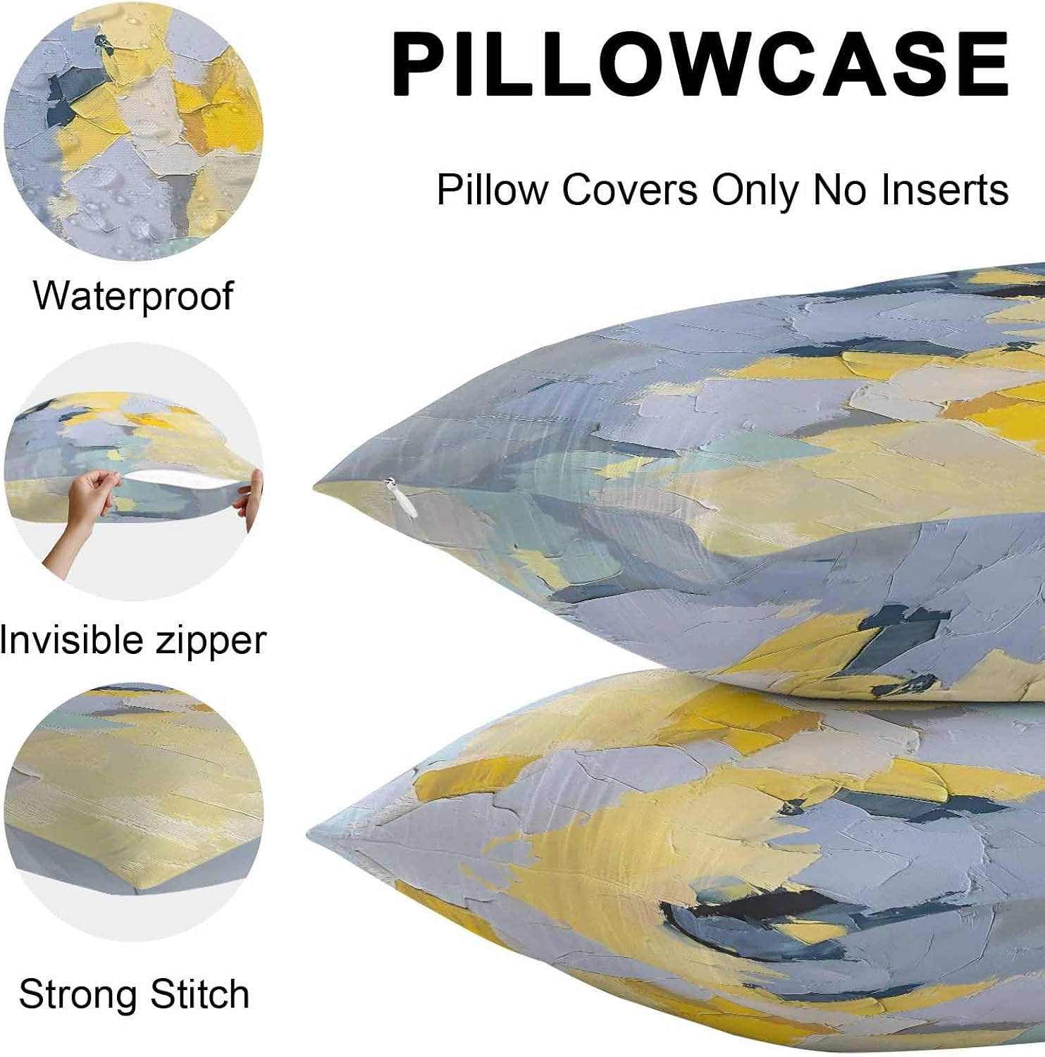Pack of 2 Waterproof Outdoor Pillow Covers 24x24 Inch Decorative Pillow Covers Modern Blue Yellow Throw Pillowcases Abstract Oil Painting Art Outdoor Cushion Cover for Couch, Patio, Tent