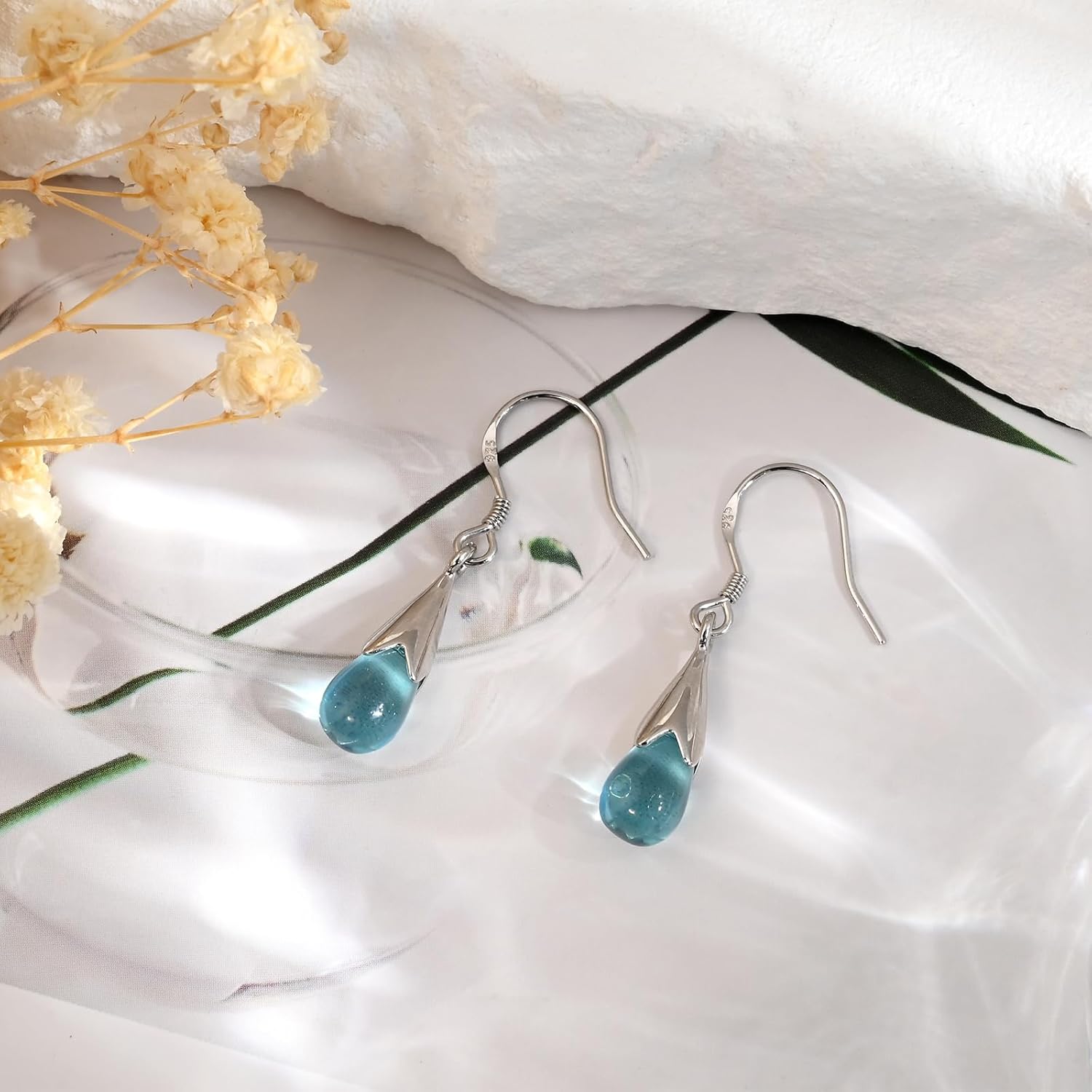 Silver Teardrop Aquamarine Dangle Earrings for Women Blue Crystal Drop Earrings for Birthstone Jewelry - Image 7