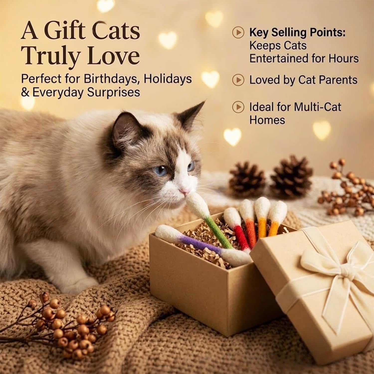 YeahBoom Zabawka dla kota patyczki bawełniane, 6 sztuk Q Tip Cat Toy z kocimiętką, interaktywne patyczki higieniczne dla kotów, urocze patyczki do żucia dla kotków, odpowiednie do zabawy i poruszania