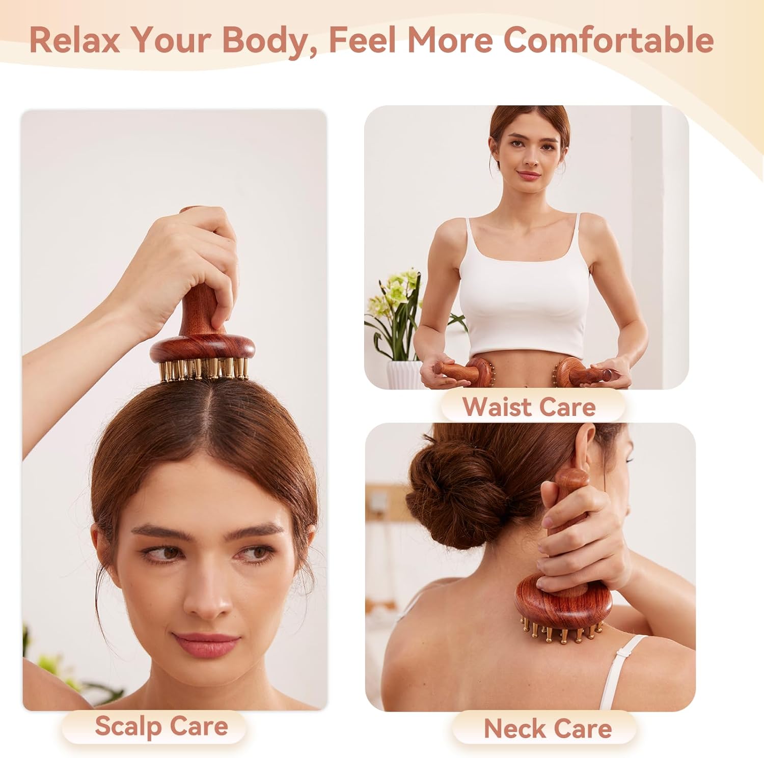 29teeth Copper Head Massage Comb for Body and Scalp Meridian Point Massager Brush for Body and Scalp Relief Body Massage Brush for Cellulite Remover Chinese SPA Gua Sha Tool Wooden Handle 按摩梳, 经络刷 - Image 2