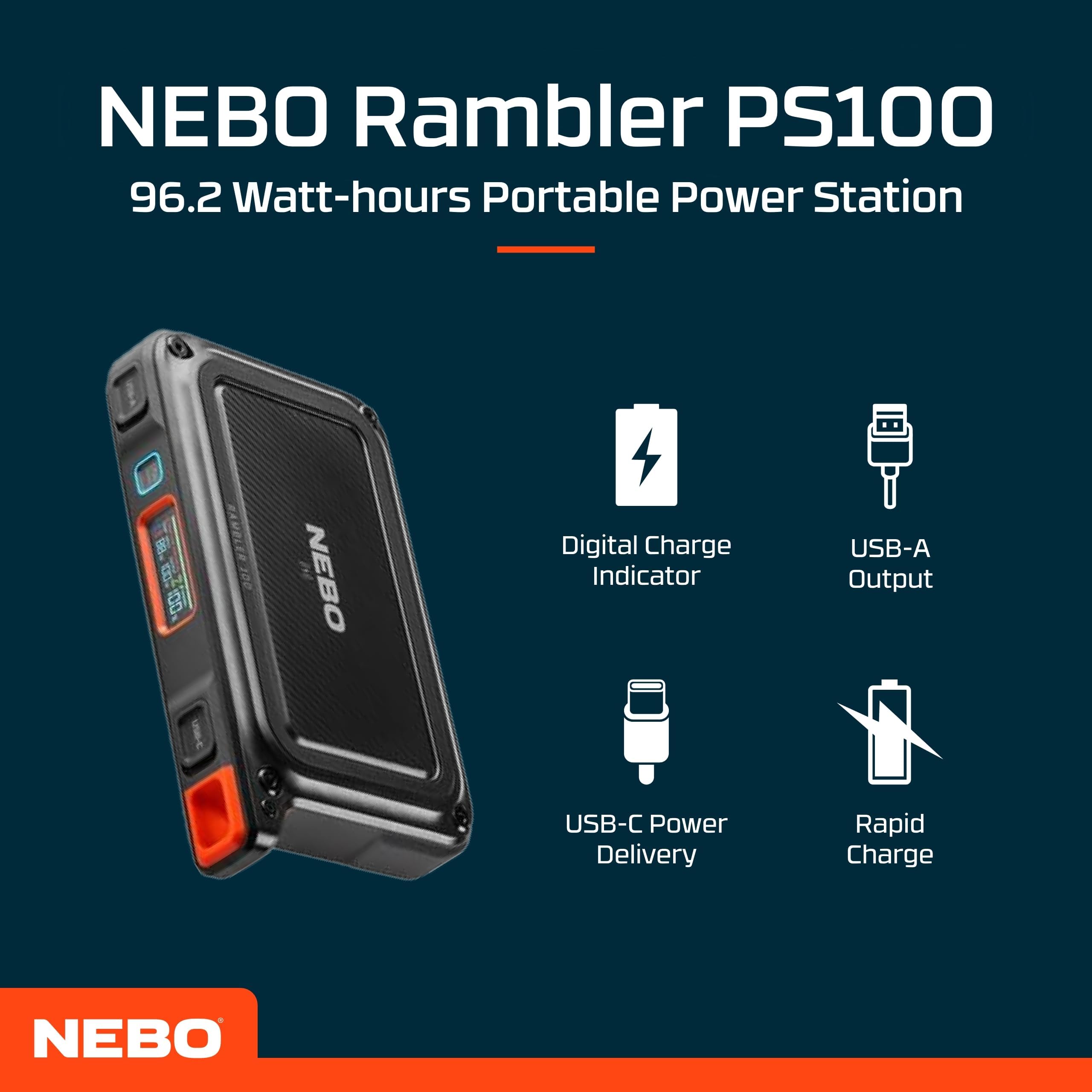NEBO Rambler PS100 - Batterie Externe et Power Bank Portable avec Ports USB, sans Fil et CA - Accessoire de Camping - pour Smartphones, Ordinateurs Portables et caméras