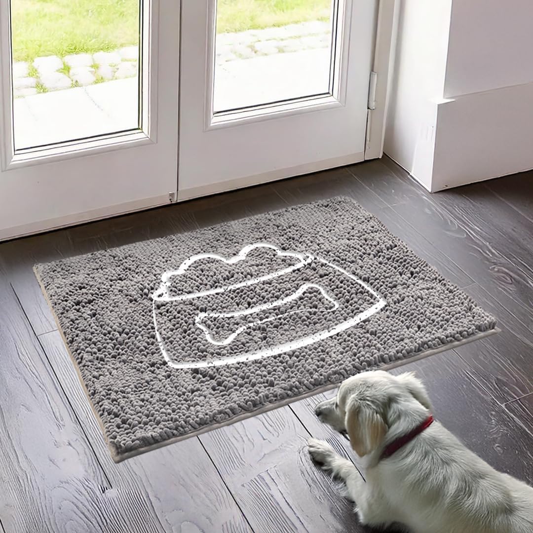 Muddy Mat® Pet Bowl Dog Door Embroidery Mat Super Absorbent Microfiber Indoor Outdoor mat for Muddy Paws, Non-Slip Washable Pet Rug, Quick Dry Chenille Entryway Carpet, Machine Washable – Grey 19”x30”