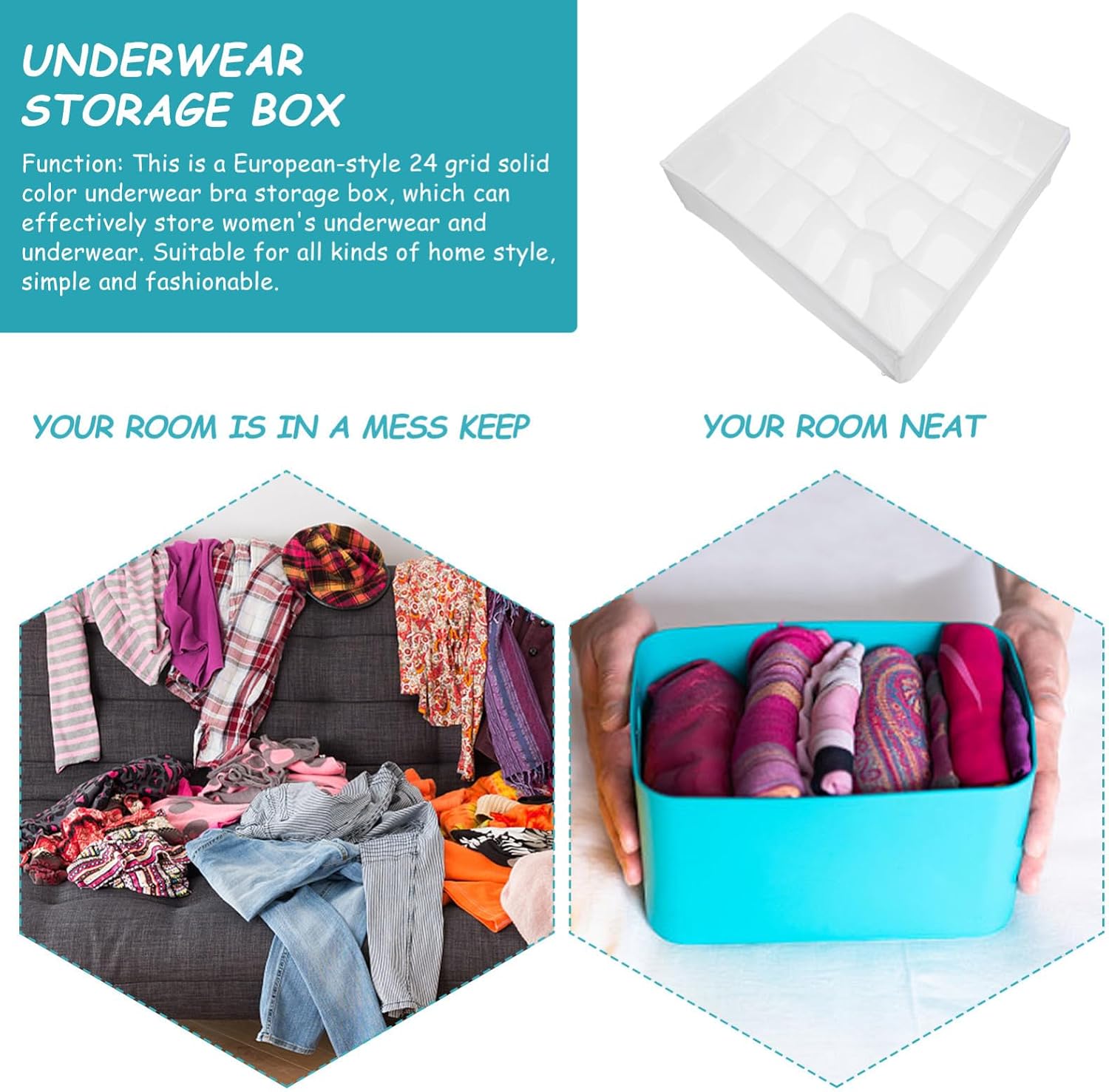 Underwear Storage Box Practical Clothes Storage Case European Style White with 24 Grids, Space Saving Linen Cloth Organizer for Socks and Pants for Home and Office