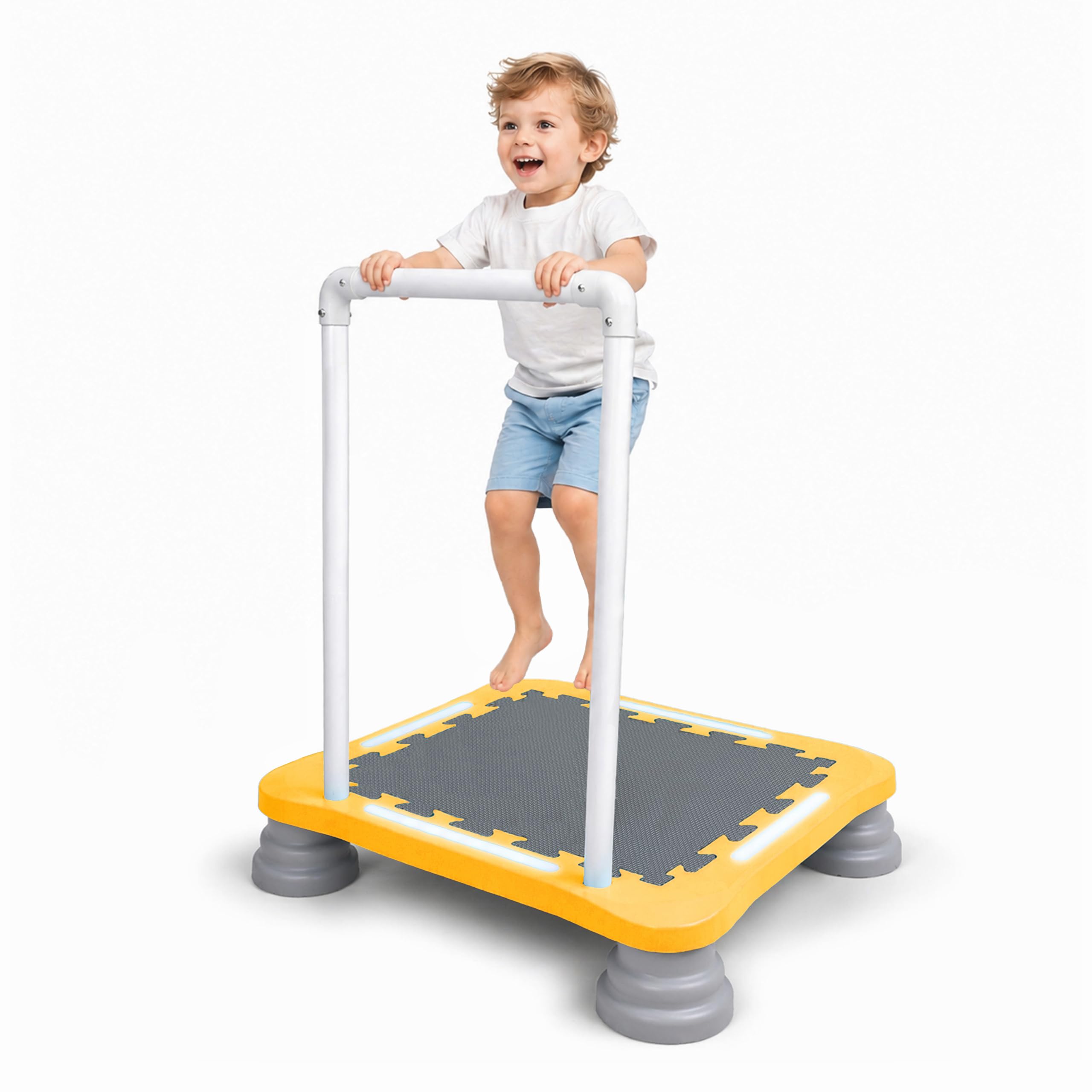 Kids Trampoline, Sensory Toddler Trampoline w/Lights,Music,Handrail,Yellow