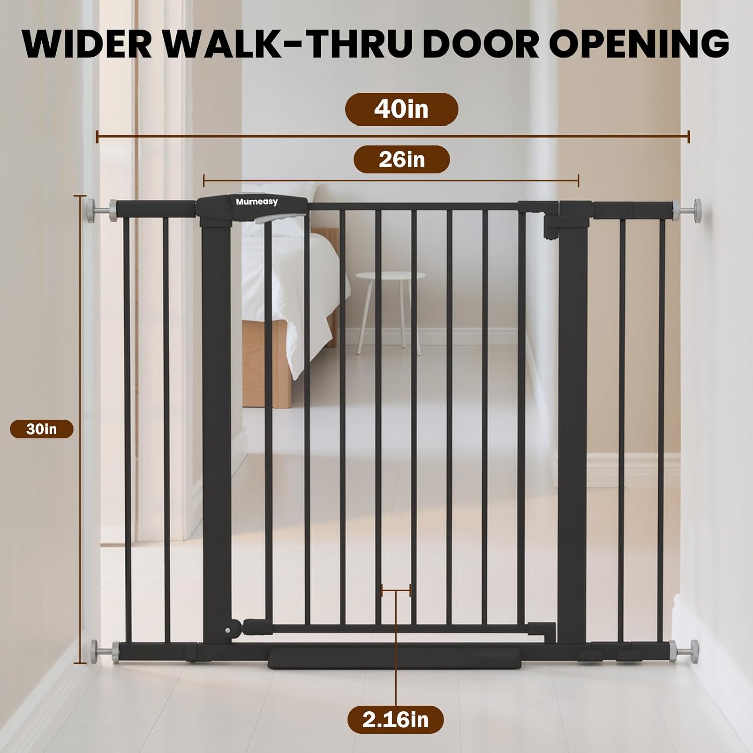 baby gate with door, 26-40" auto close dog gate indoor for stairs doorways, easy install pressure mounted pet gate, easy walk through child safety gate for the house, black black 26-40" w x 30" h