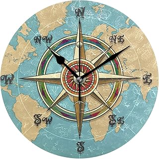 AUUXVA Vintage Nautical Compass World Map Round Acrylic Wall Clock, Silent Non Ticking Art Painting for Kids Bedroom Living Room Office School Home Decor