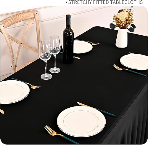 Miniatura 4 de Paquete de 6 faldas de mesa elásticas negras para mesa rectangular de 6 pies, manteles elásticos de elastano lavables con falda, mantel ajustable