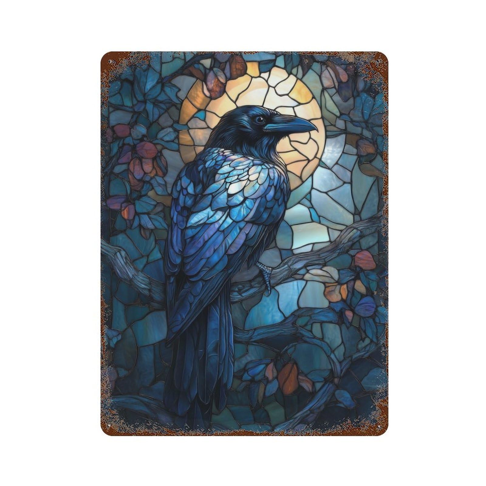 Rust Effect Tin Sign with Raven Stained Glass Design 15.7"x11.8", for Pub, Kitchen And Man Cave Decor, Industrial Home Decor