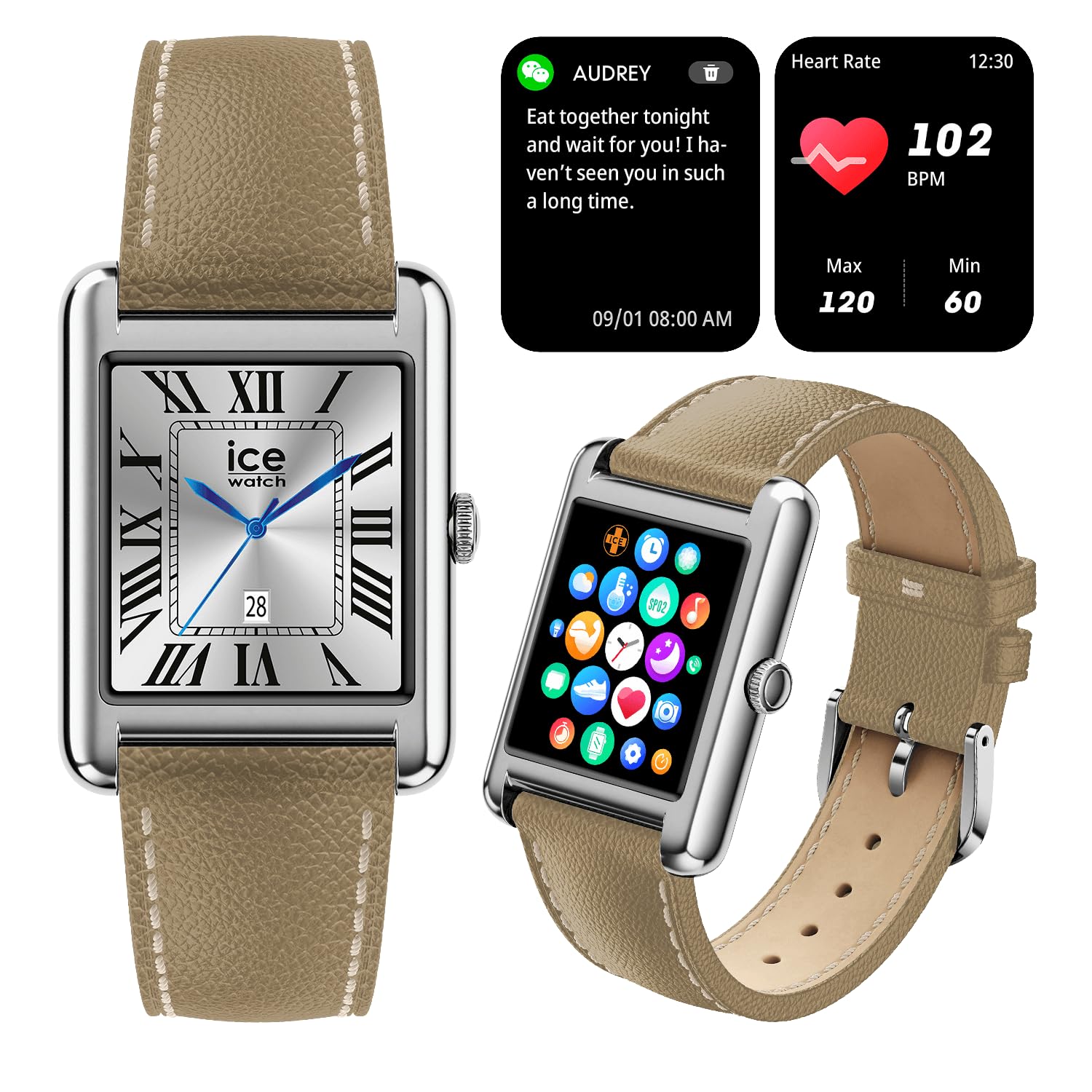 ICE-WATCH - Ice smart TKS 2.0 Silver Taupe Grain - Silbergraue Damenuhr mit Lederarmband - 025622 (1.41 Zoll / 32mm) - Smartwatch, Aufzeichnung von körperlicher Aktivität und Gesundheitsdaten