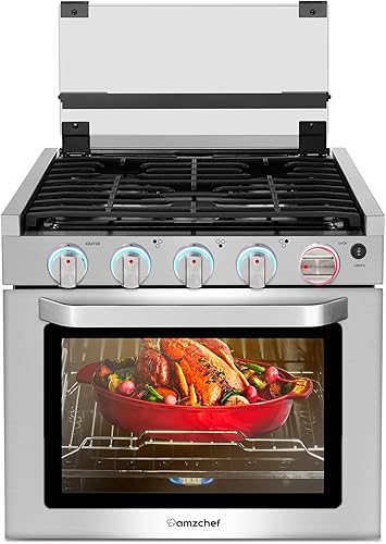 Miniatura 9 de AMZCHEF Estufa de gas RV de 12 V. Horno de cocina para uso RV con 3 quemadores, horno de gas, 28,100BTU, configuración de llama abierta, indicador